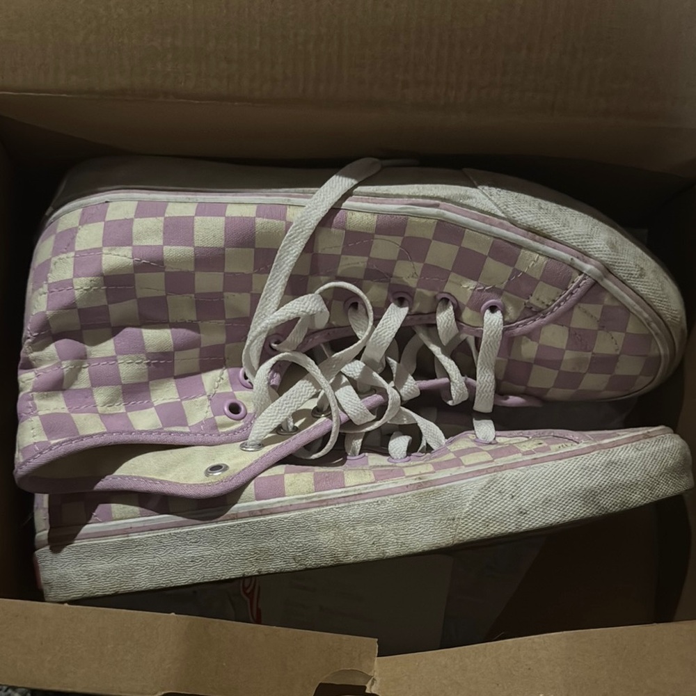 Purple and White Checkered High-Top Sneakers